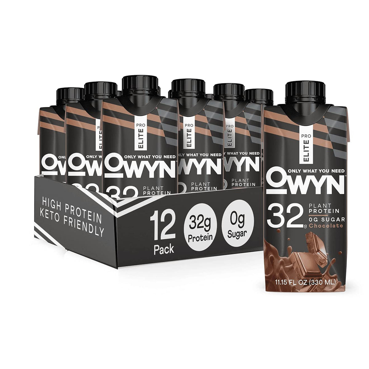 OWYN Only What You Need Pro Elite Vegan High Protein Keto Shake, 32g Protein, 9 Amino Acids, Omega-3, Prebiotics, Superfoods Greens for Workout and Recovery, 0g Net Carbs, Zero Sugar (Chocolate, 12 Fl Oz (Pack of 36)