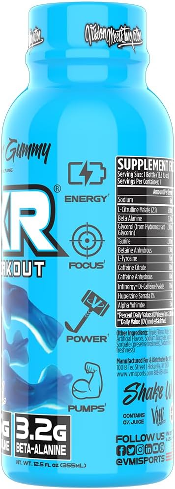 VMI Sports KXR High Stimulant Pre-Workout Energy Ready to Drink 400mg Caffeine, 6g Citrulline, 3.2g Beta-Alanine | Delicious, Convenient, Powerful | 12.5 oz Bottles (Blue Gummy, 12 Bottles)