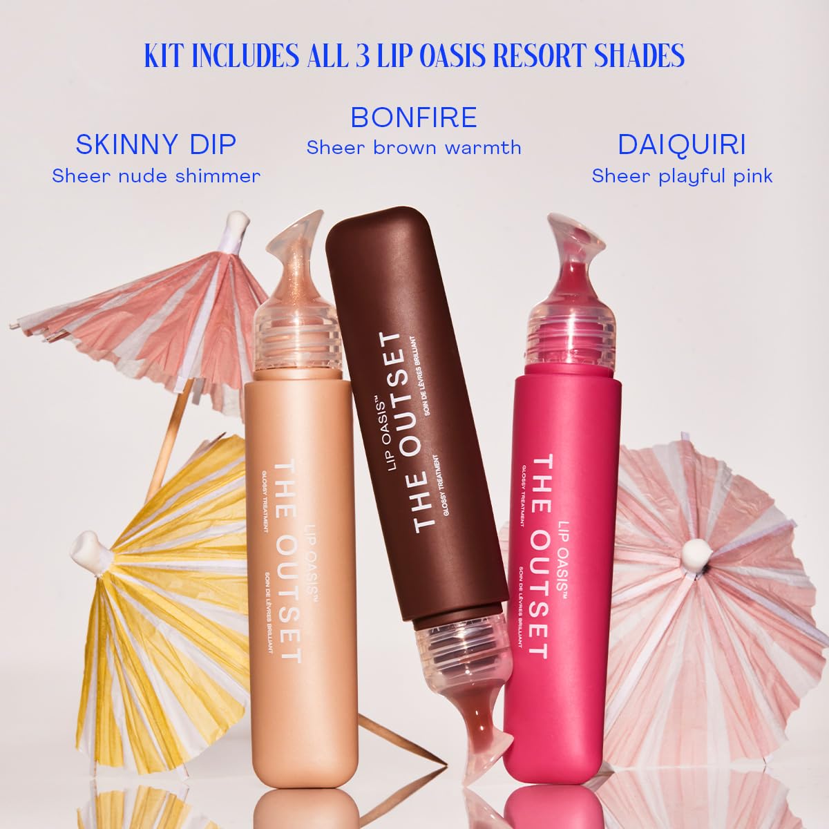 The Outset Lip Oasis Hydrating Lip Balm Bundle (3 Pack) – Glossy Moisturizing Lip Treatment for Dry, Sensitive Lips – Clean, Vegan & Gluten-Free – Daiquiri, Skinny Dip & Bonfire – 0.3 oz Each