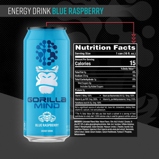 Gorilla Mind Energy Drink | 16oz, 12-Pack (Blue Raspberry)