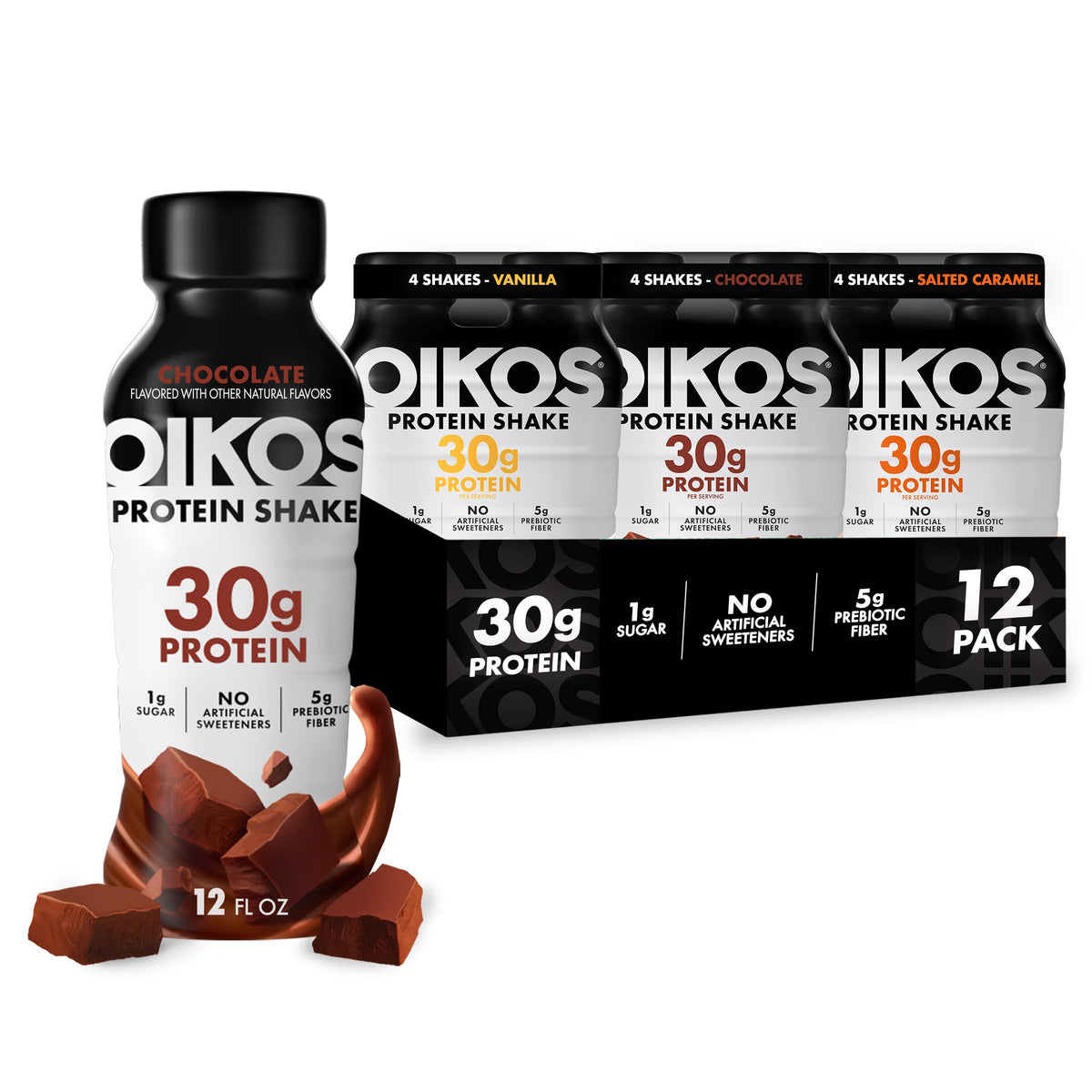 Oikos Protein Shake, Vanilla, 30g High Protein Drinks, Shelf Stable, Ready to Drink, 5g Prebiotic Fiber, 12 fl oz Bottle, 12 Count​