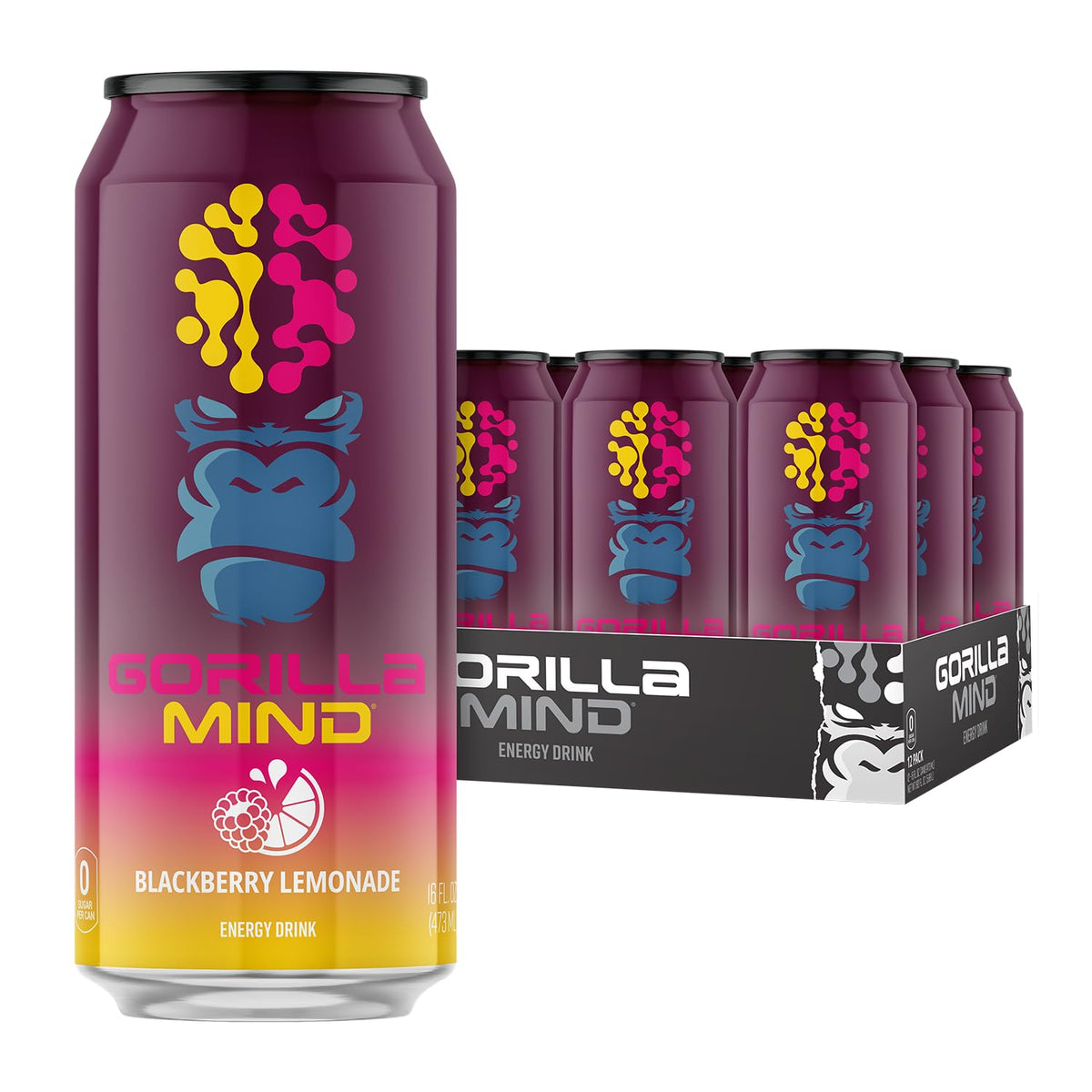 Gorilla Mind Energy Drink | 16oz, 12-Pack (Blue Raspberry)