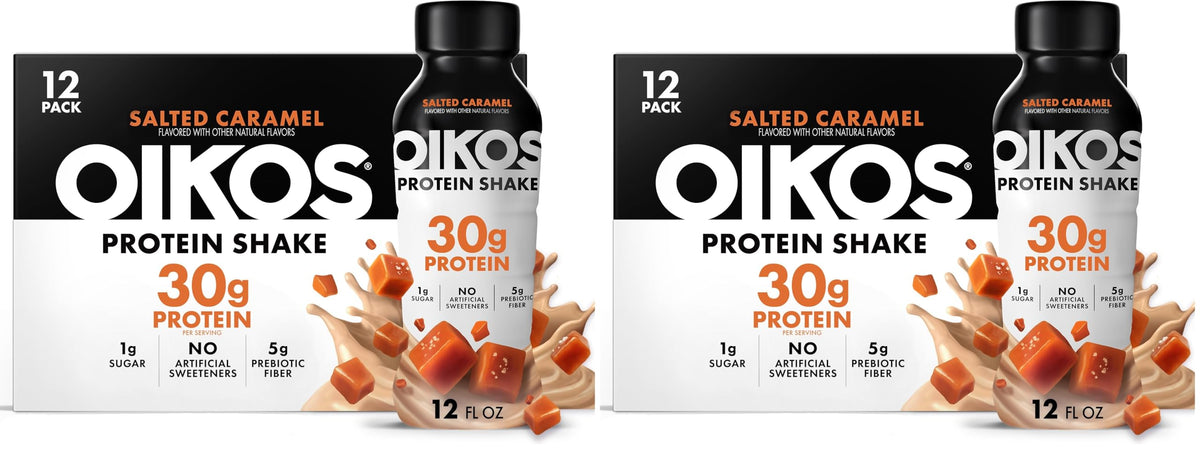 Oikos Protein Shake, Vanilla, 30g High Protein Drinks, Shelf Stable, Ready to Drink, 5g Prebiotic Fiber, 12 fl oz Bottle, 12 Count​