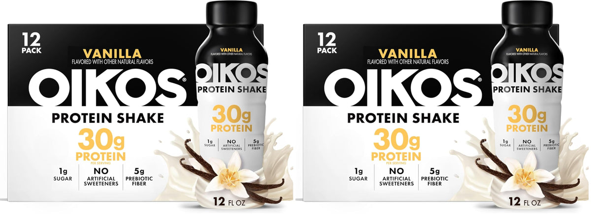 Oikos Protein Shake, Vanilla, 30g High Protein Drinks, Shelf Stable, Ready to Drink, 5g Prebiotic Fiber, 12 fl oz Bottle, 12 Count​