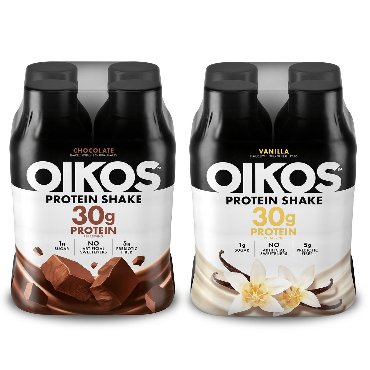 Oikos Protein Shake, Vanilla, 30g High Protein Drinks, Shelf Stable, Ready to Drink, 5g Prebiotic Fiber, 12 fl oz Bottle, 12 Count​