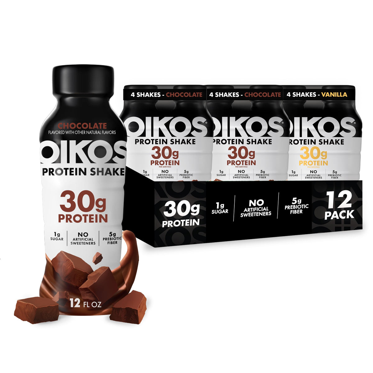 Oikos Protein Shake, Vanilla, 30g High Protein Drinks, Shelf Stable, Ready to Drink, 5g Prebiotic Fiber, 12 fl oz Bottle, 12 Count​