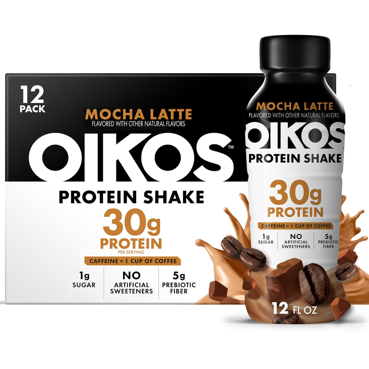 Oikos Protein Shake, Vanilla, 30g High Protein Drinks, Shelf Stable, Ready to Drink, 5g Prebiotic Fiber, 12 fl oz Bottle, 12 Count​