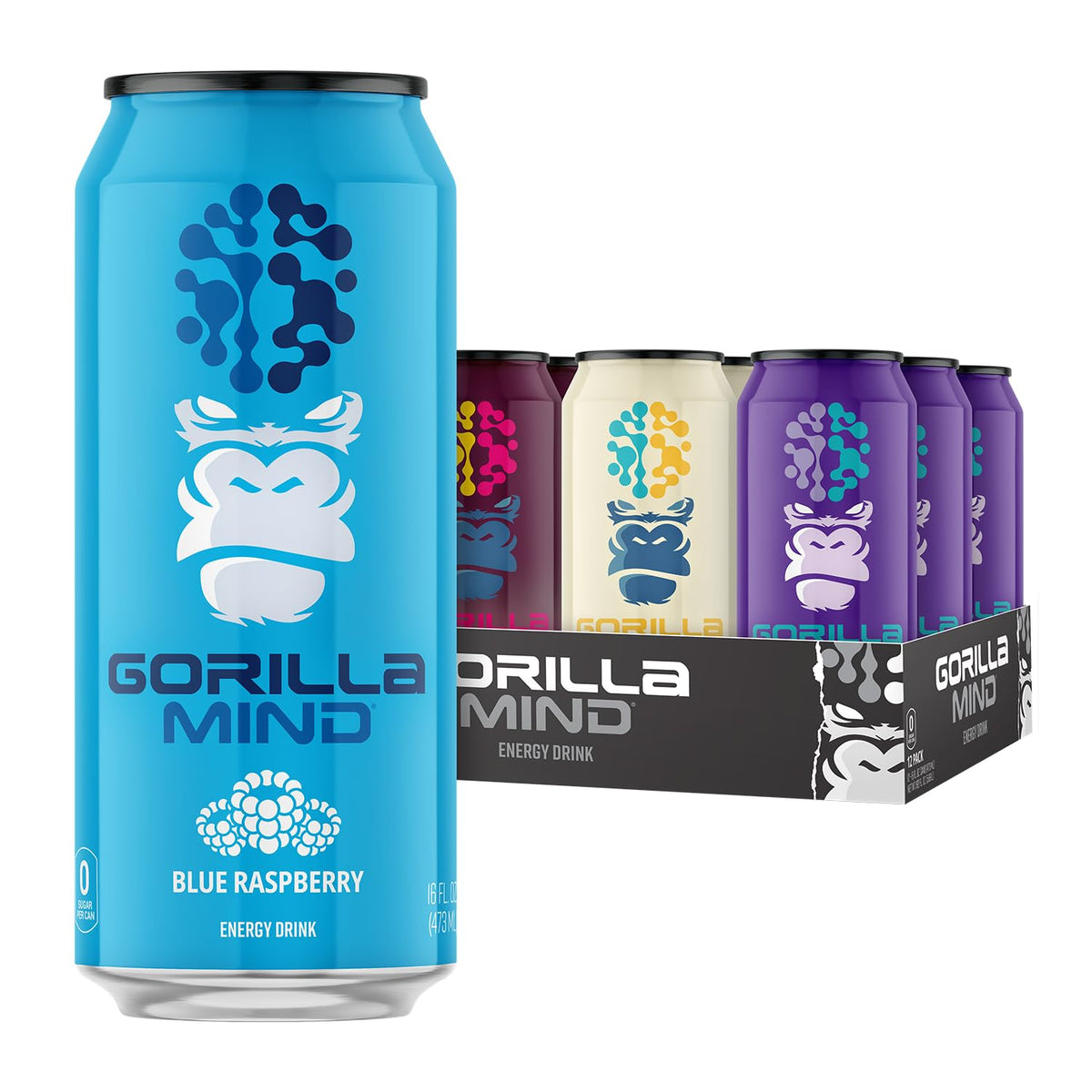Gorilla Mind Energy Drink | 16oz, 12-Pack (Blue Raspberry)