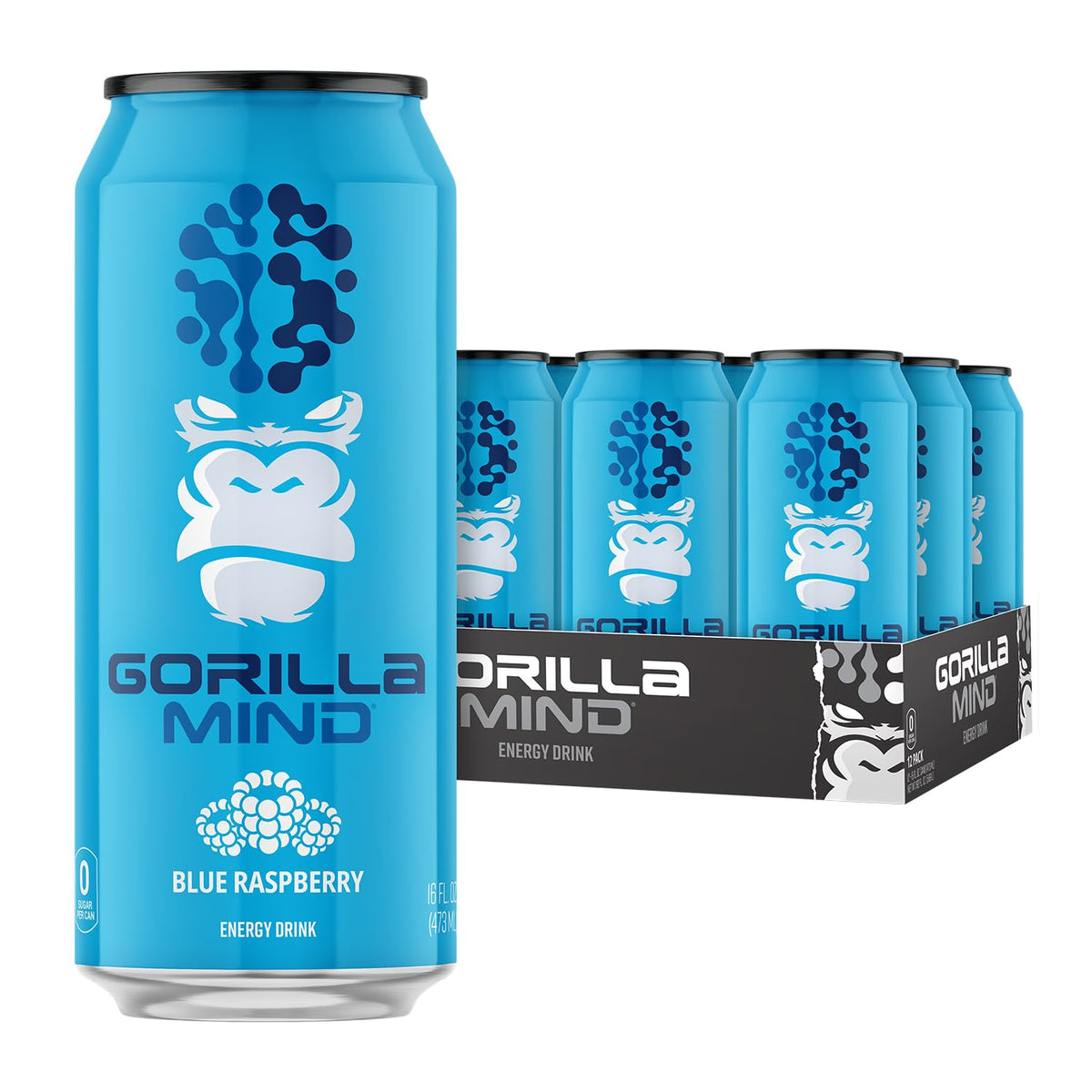 Gorilla Mind Energy Drink | 16oz, 12-Pack (Blue Raspberry)