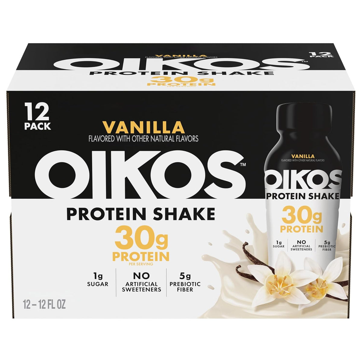Oikos Protein Shake, Vanilla, 30g High Protein Drinks, Shelf Stable, Ready to Drink, 5g Prebiotic Fiber, 12 fl oz Bottle, 12 Count​