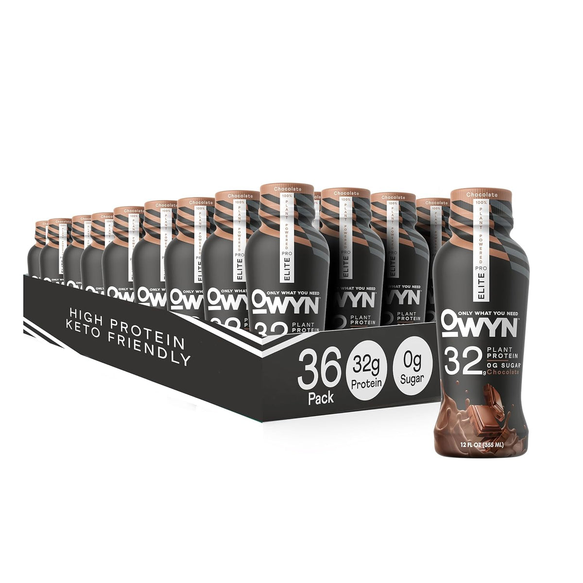 OWYN Only What You Need Pro Elite Vegan High Protein Keto Shake, 32g Protein, 9 Amino Acids, Omega-3, Prebiotics, Superfoods Greens for Workout and Recovery, 0g Net Carbs, Zero Sugar (Chocolate, 12 Fl Oz (Pack of 36)