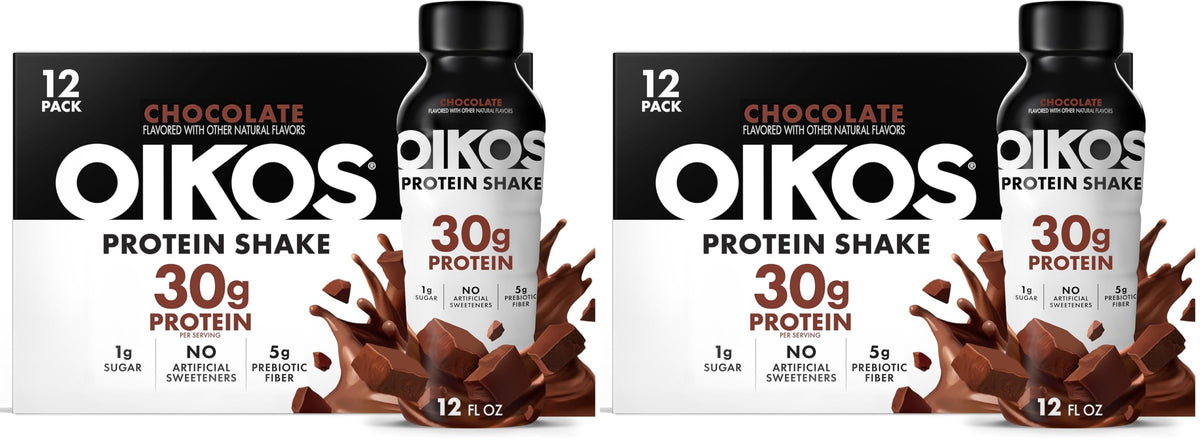Oikos Protein Shake, Vanilla, 30g High Protein Drinks, Shelf Stable, Ready to Drink, 5g Prebiotic Fiber, 12 fl oz Bottle, 12 Count​