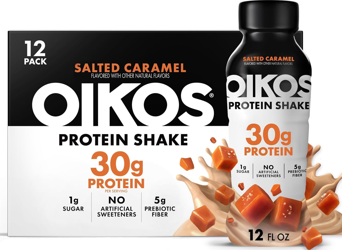 Oikos Protein Shake, Vanilla, 30g High Protein Drinks, Shelf Stable, Ready to Drink, 5g Prebiotic Fiber, 12 fl oz Bottle, 12 Count​
