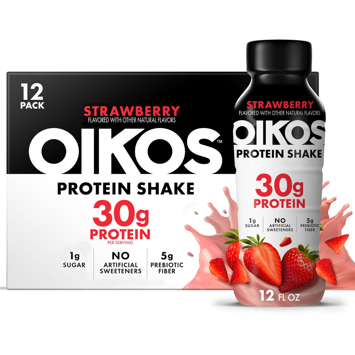 Oikos Protein Shake, Vanilla, 30g High Protein Drinks, Shelf Stable, Ready to Drink, 5g Prebiotic Fiber, 12 fl oz Bottle, 12 Count​