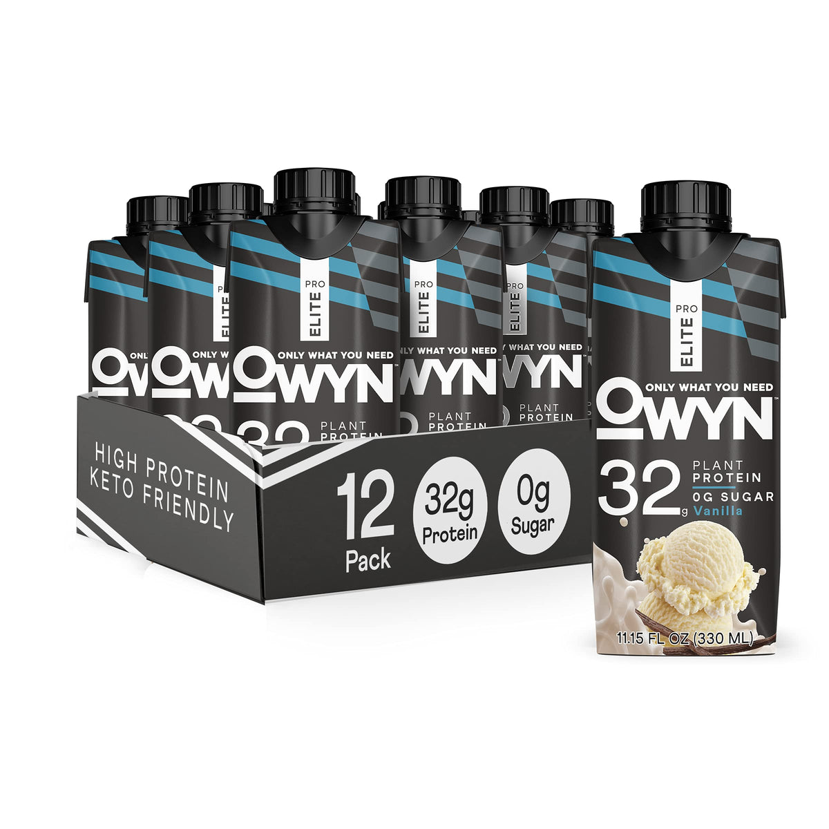 OWYN Only What You Need Pro Elite Vegan High Protein Keto Shake, 32g Protein, 9 Amino Acids, Omega-3, Prebiotics, Superfoods Greens for Workout and Recovery, 0g Net Carbs, Zero Sugar (Chocolate, 12 Fl Oz (Pack of 36)