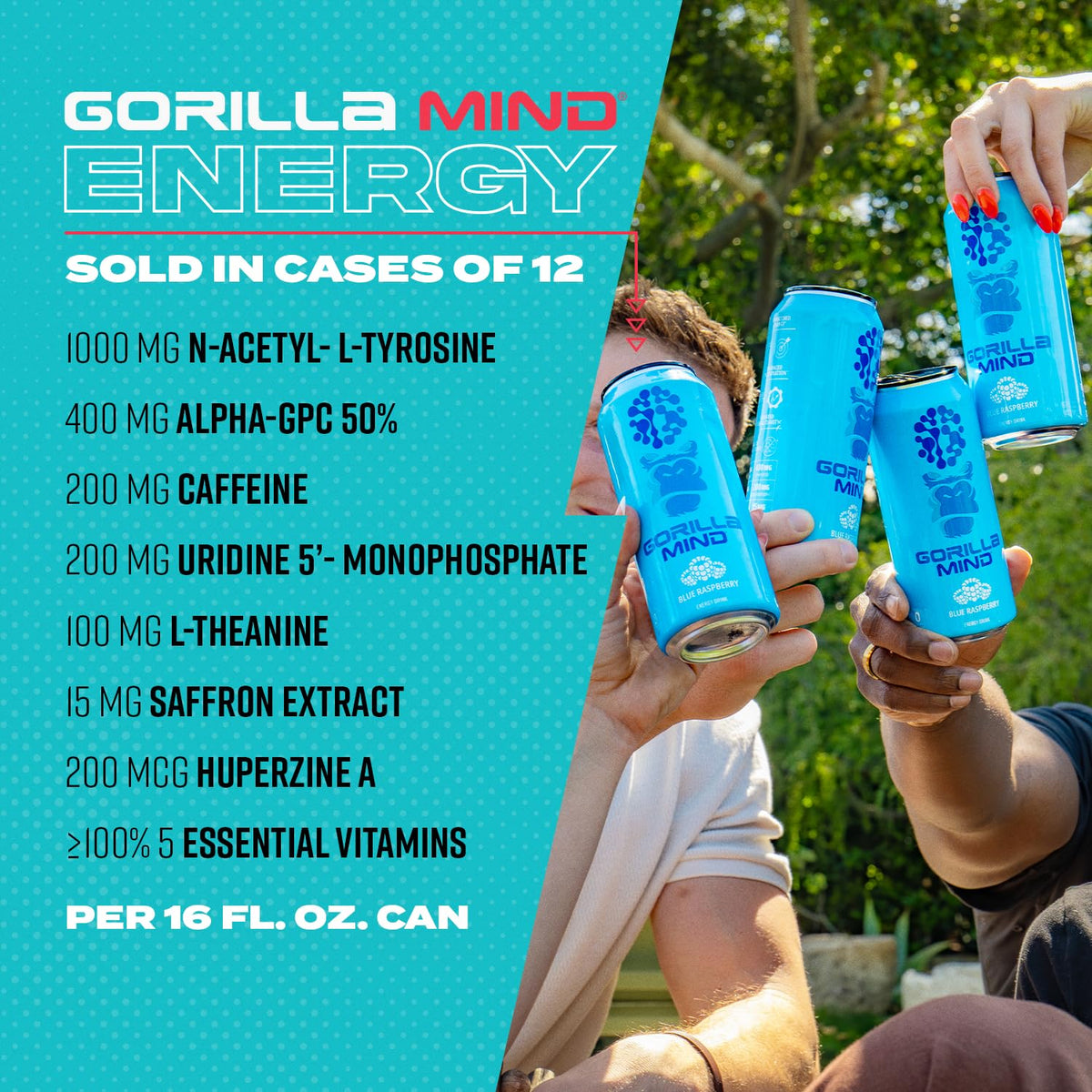Gorilla Mind Energy Drink | 16oz, 12-Pack (Blue Raspberry)