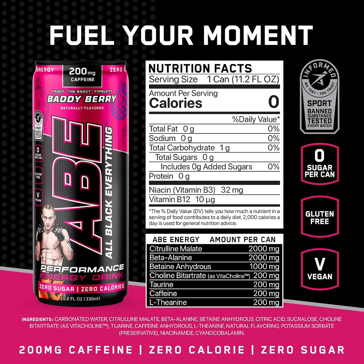 All Black Everything Performance Energy Drink | Zero Calories, Sugar Free | 200mg Caffeine | Beta Alanine & Citrulline | Pre-Workout Sport Drink for Men & Women | Baddy Berry | 12 Pack