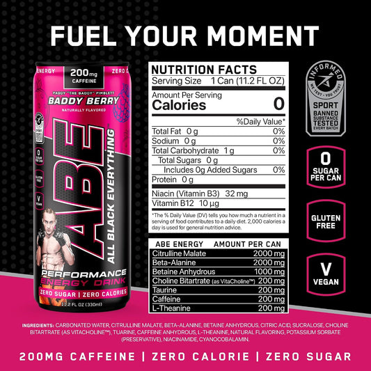 All Black Everything Performance Energy Drink | Zero Calories, Sugar Free | 200mg Caffeine | Beta Alanine & Citrulline | Pre-Workout Sport Drink for Men & Women | Baddy Berry | 12 Pack