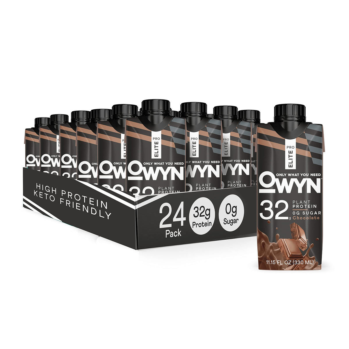 OWYN Only What You Need Pro Elite Vegan High Protein Keto Shake, 32g Protein, 9 Amino Acids, Omega-3, Prebiotics, Superfoods Greens for Workout and Recovery, 0g Net Carbs, Zero Sugar (Chocolate, 12 Fl Oz (Pack of 36)
