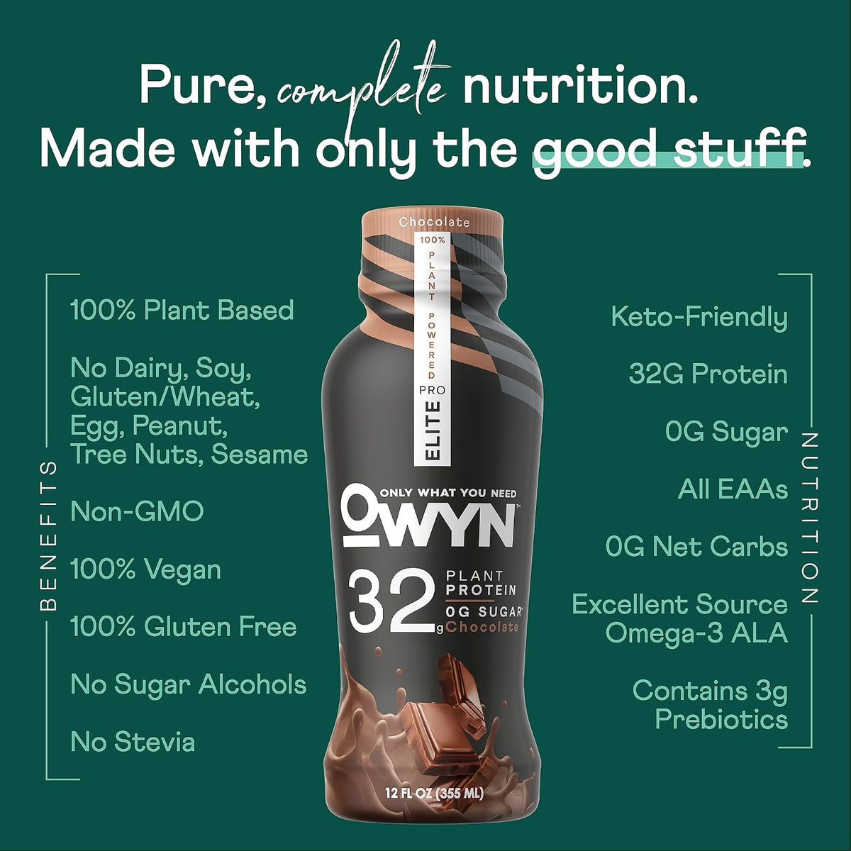 OWYN Only What You Need Pro Elite Vegan High Protein Keto Shake, 32g Protein, 9 Amino Acids, Omega-3, Prebiotics, Superfoods Greens for Workout and Recovery, 0g Net Carbs, Zero Sugar (Chocolate, 12 Fl Oz (Pack of 36)