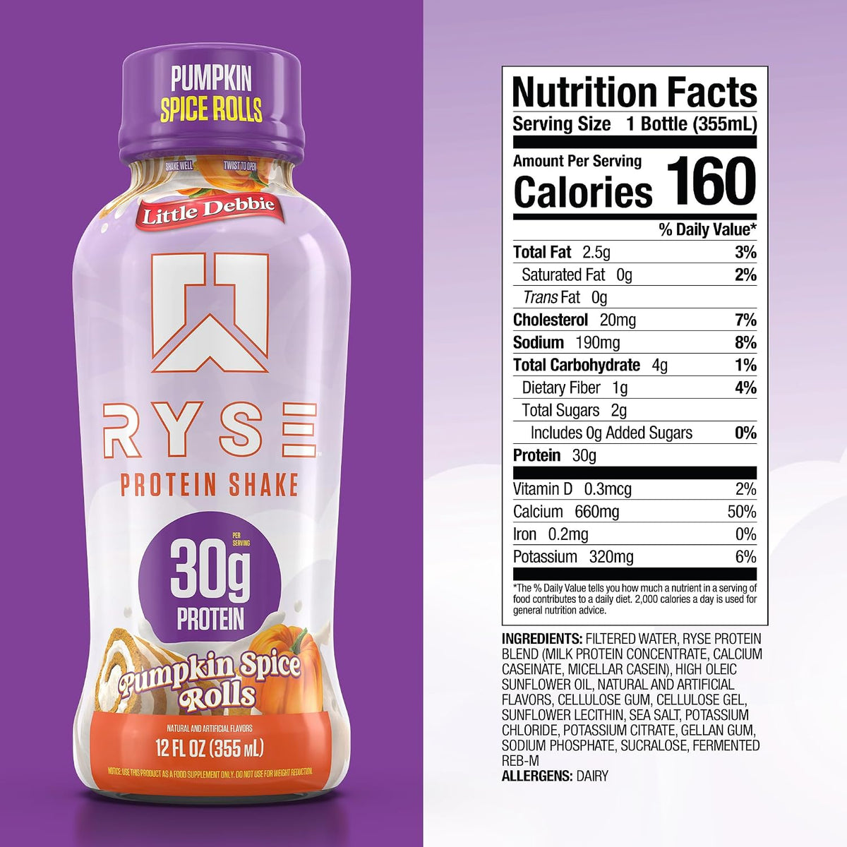 RYSE Protein Shake - Little Debbie Pumpkin Spice Rolls - 30g Protein Ready to Drink - 160 Calories, Zero Added Sugar, Gluten Free - Smooth & Delicious Nostalgic Flavors - 12 Fl Oz (12 Pack)